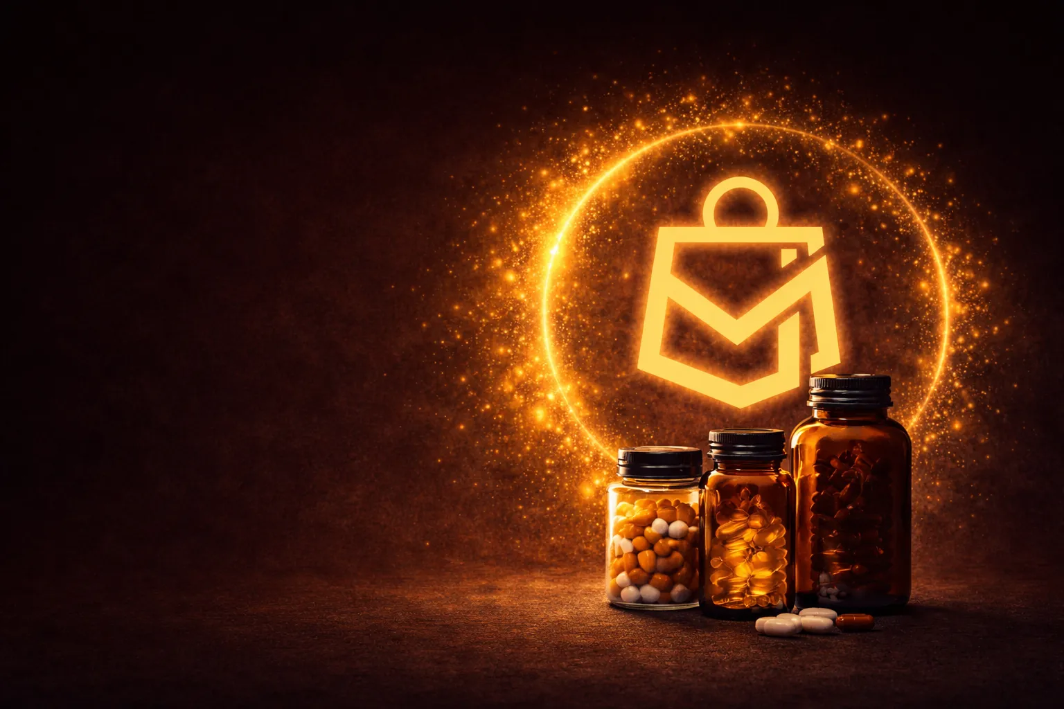Morschell symbol illuminated in gold with selected supplement bottles